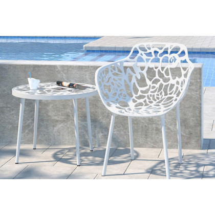 LeisureMod Devon Modern Flower Design Outdoor Aluminum Dining Armchair - White