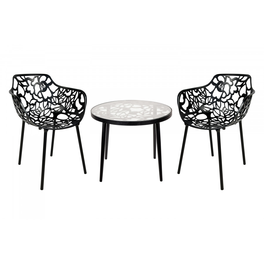 LeisureMod Devon Modern 3-Piece Aluminum Patio Dining Set with Dining Table and 2 Stackable Flower Design Arm Chairs - Black