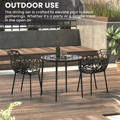 LeisureMod Devon Modern 3-Piece Aluminum Patio Dining Set with Dining Table and 2 Stackable Flower Design Arm Chairs - Black
