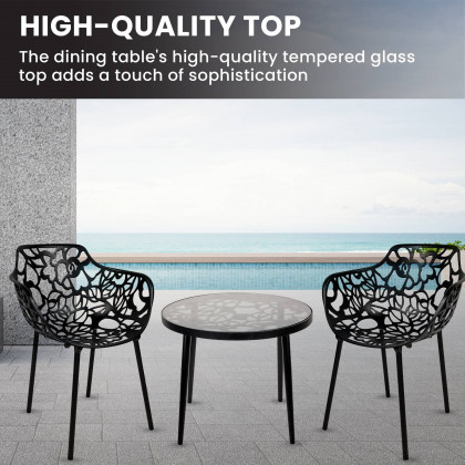 LeisureMod Devon Modern 3-Piece Aluminum Patio Dining Set with Dining Table and 2 Stackable Flower Design Arm Chairs - Black