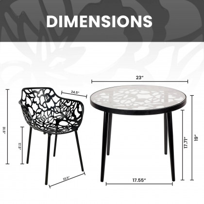 LeisureMod Devon Modern 3-Piece Aluminum Patio Dining Set with Dining Table and 2 Stackable Flower Design Arm Chairs - Black