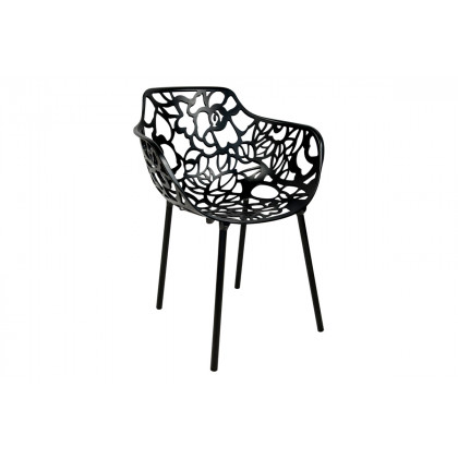 LeisureMod Devon Modern 3-Piece Aluminum Patio Dining Set with Dining Table and 2 Stackable Flower Design Arm Chairs - Black