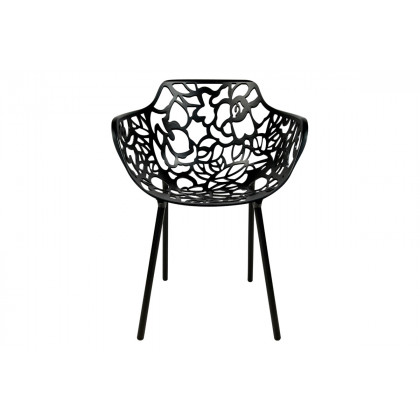 LeisureMod Devon Modern 3-Piece Aluminum Patio Dining Set with Dining Table and 2 Stackable Flower Design Arm Chairs - Black