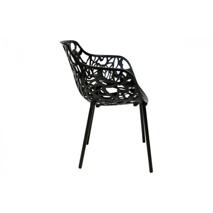 LeisureMod Devon Modern 3-Piece Aluminum Patio Dining Set with Dining Table and 2 Stackable Flower Design Arm Chairs - Black
