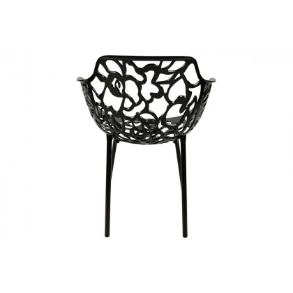 LeisureMod Devon Modern 3-Piece Aluminum Patio Dining Set with Dining Table and 2 Stackable Flower Design Arm Chairs - Black