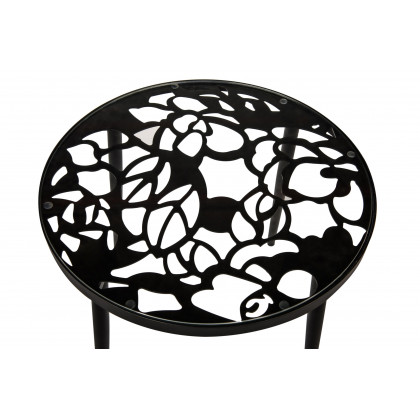 LeisureMod Devon Modern 3-Piece Aluminum Patio Dining Set with Dining Table and 2 Stackable Flower Design Arm Chairs - Black