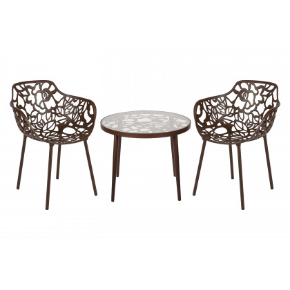 LeisureMod - Devon Modern 3-Piece Aluminum Patio Dining Set with Dining Table and 2 Stackable Flower Design Arm Chairs