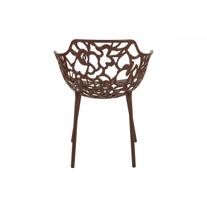 LeisureMod Devon Modern 3-Piece Aluminum Patio Dining Set with Dining Table and 2 Stackable Flower Design Arm Chairs - Brown