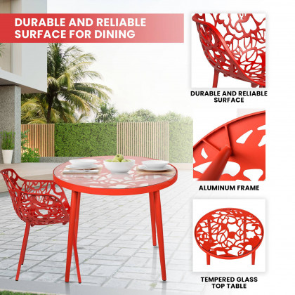 LeisureMod - Devon Modern 3-Piece Aluminum Patio Dining Set with Dining Table and 2 Stackable Flower Design Arm Chairs