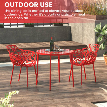 LeisureMod Devon Modern 3-Piece Aluminum Patio Dining Set with Dining Table and 2 Stackable Flower Design Arm Chairs - Red
