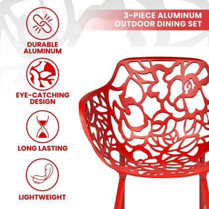 LeisureMod Devon Modern 3-Piece Aluminum Patio Dining Set with Dining Table and 2 Stackable Flower Design Arm Chairs - Red