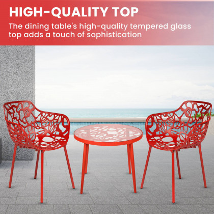 LeisureMod Devon Modern 3-Piece Aluminum Patio Dining Set with Dining Table and 2 Stackable Flower Design Arm Chairs - Red