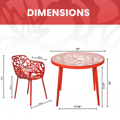 LeisureMod Devon Modern 3-Piece Aluminum Patio Dining Set with Dining Table and 2 Stackable Flower Design Arm Chairs - Red