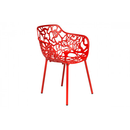 LeisureMod Devon Modern 3-Piece Aluminum Patio Dining Set with Dining Table and 2 Stackable Flower Design Arm Chairs - Red
