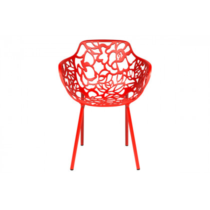 LeisureMod Devon Modern 3-Piece Aluminum Patio Dining Set with Dining Table and 2 Stackable Flower Design Arm Chairs - Red