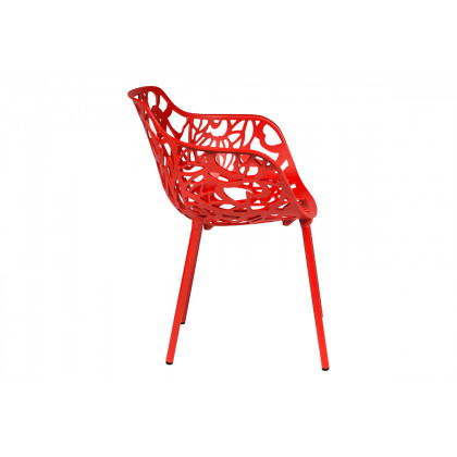 LeisureMod Devon Modern 3-Piece Aluminum Patio Dining Set with Dining Table and 2 Stackable Flower Design Arm Chairs - Red