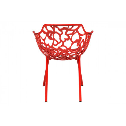 LeisureMod Devon Modern 3-Piece Aluminum Patio Dining Set with Dining Table and 2 Stackable Flower Design Arm Chairs - Red