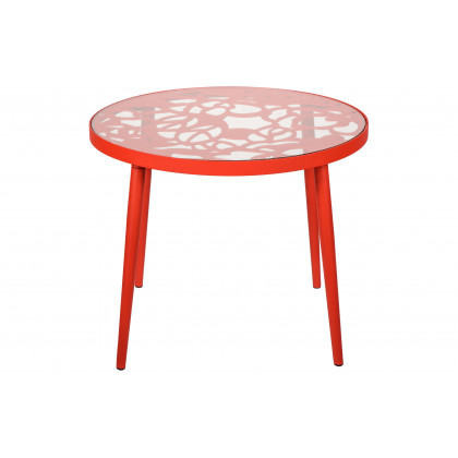 LeisureMod Devon Modern 3-Piece Aluminum Patio Dining Set with Dining Table and 2 Stackable Flower Design Arm Chairs - Red