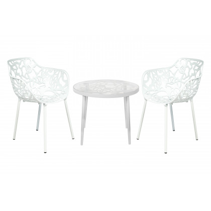 LeisureMod - Devon Modern 3-Piece Aluminum Patio Dining Set with Dining Table and 2 Stackable Flower Design Arm Chairs