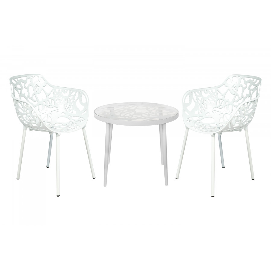 LeisureMod Devon Modern 3-Piece Aluminum Patio Dining Set with Dining Table and 2 Stackable Flower Design Arm Chairs - White