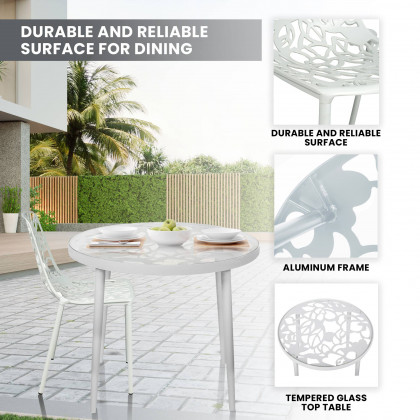 LeisureMod Devon Modern 3-Piece Aluminum Patio Dining Set with Dining Table and 2 Stackable Flower Design Arm Chairs - White