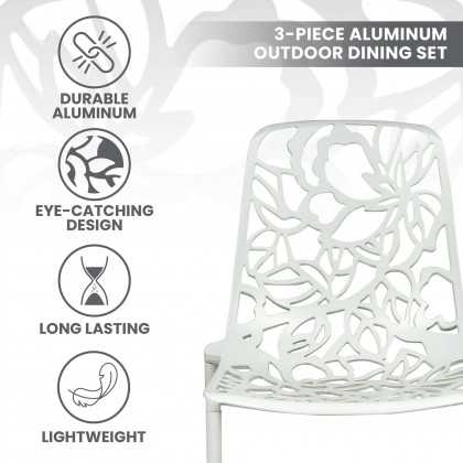 LeisureMod Devon Modern 3-Piece Aluminum Patio Dining Set with Dining Table and 2 Stackable Flower Design Arm Chairs - White