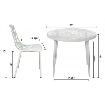 LeisureMod Devon Modern 3-Piece Aluminum Patio Dining Set with Dining Table and 2 Stackable Flower Design Arm Chairs - White