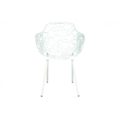 LeisureMod Devon Modern 3-Piece Aluminum Patio Dining Set with Dining Table and 2 Stackable Flower Design Arm Chairs - White