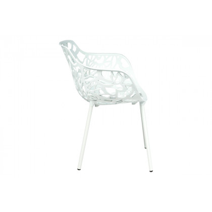 LeisureMod Devon Modern 3-Piece Aluminum Patio Dining Set with Dining Table and 2 Stackable Flower Design Arm Chairs - White