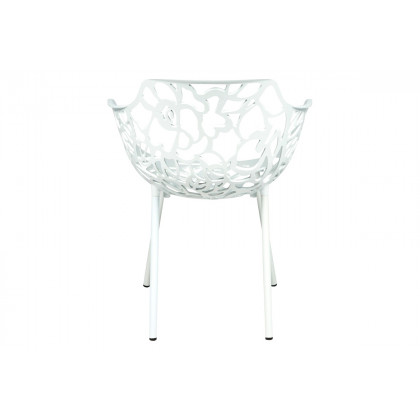LeisureMod Devon Modern 3-Piece Aluminum Patio Dining Set with Dining Table and 2 Stackable Flower Design Arm Chairs - White