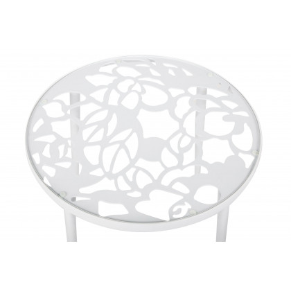 LeisureMod Devon Modern 3-Piece Aluminum Patio Dining Set with Dining Table and 2 Stackable Flower Design Arm Chairs - White