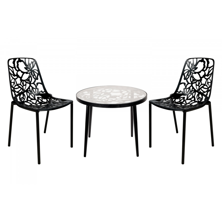 LeisureMod Devon Modern 3-Piece Aluminum Patio Dining Set with Dining Table and 2 Stackable Flower Design Chairs - Black