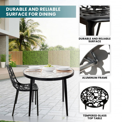 LeisureMod Devon Modern 3-Piece Aluminum Patio Dining Set with Dining Table and 2 Stackable Flower Design Chairs - Black