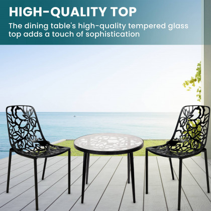 LeisureMod Devon Modern 3-Piece Aluminum Patio Dining Set with Dining Table and 2 Stackable Flower Design Chairs - Black