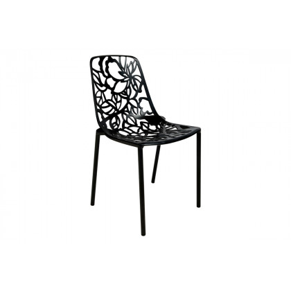 LeisureMod Devon Modern 3-Piece Aluminum Patio Dining Set with Dining Table and 2 Stackable Flower Design Chairs - Black
