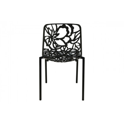 LeisureMod Devon Modern 3-Piece Aluminum Patio Dining Set with Dining Table and 2 Stackable Flower Design Chairs - Black