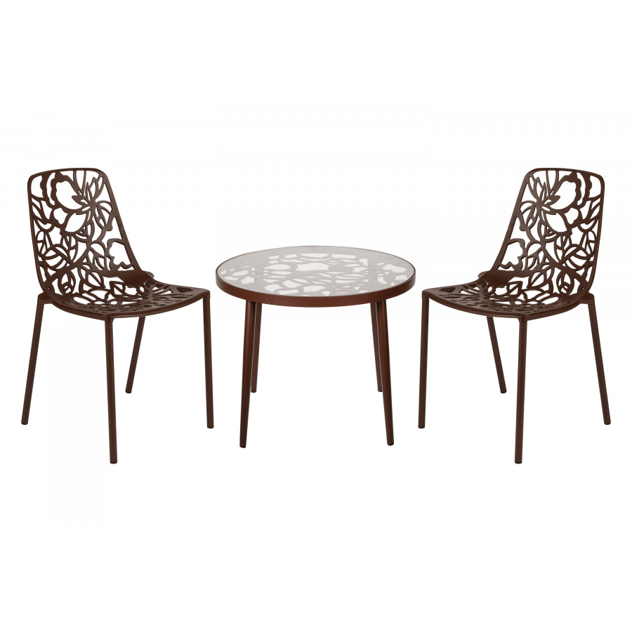 LeisureMod Devon Modern 3-Piece Aluminum Patio Dining Set with Dining Table and 2 Stackable Flower Design Chairs - Brown