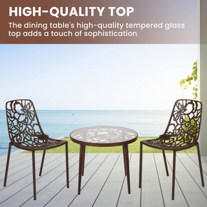 LeisureMod Devon Modern 3-Piece Aluminum Patio Dining Set with Dining Table and 2 Stackable Flower Design Chairs - Brown