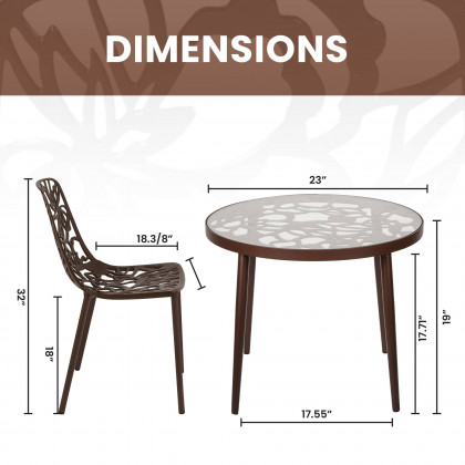 LeisureMod Devon Modern 3-Piece Aluminum Patio Dining Set with Dining Table and 2 Stackable Flower Design Chairs - Brown