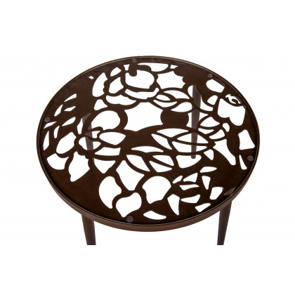 LeisureMod Devon Modern 3-Piece Aluminum Patio Dining Set with Dining Table and 2 Stackable Flower Design Chairs - Brown