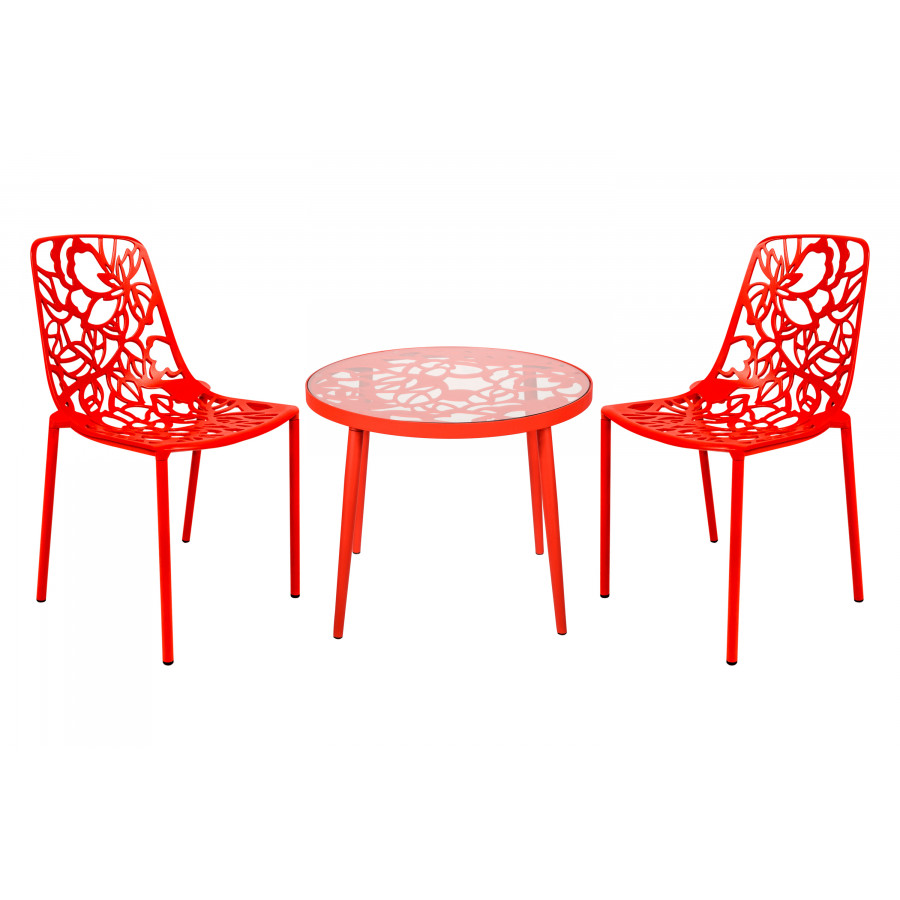 LeisureMod Devon Modern 3-Piece Aluminum Patio Dining Set with Dining Table and 2 Stackable Flower Design Chairs - Red