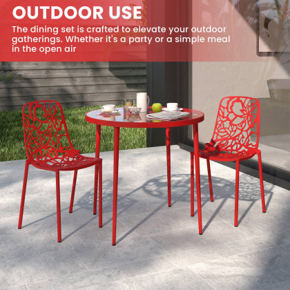 LeisureMod Devon Modern 3-Piece Aluminum Patio Dining Set with Dining Table and 2 Stackable Flower Design Chairs - Red