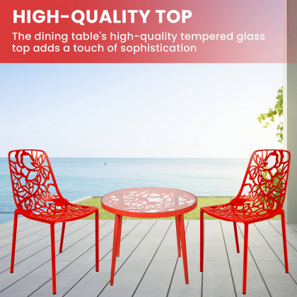 LeisureMod Devon Modern 3-Piece Aluminum Patio Dining Set with Dining Table and 2 Stackable Flower Design Chairs - Red