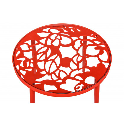 LeisureMod Devon Modern 3-Piece Aluminum Patio Dining Set with Dining Table and 2 Stackable Flower Design Chairs - Red