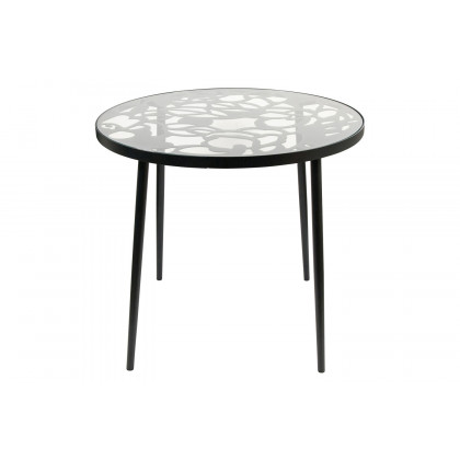 LeisureMod Devon Tree Design Glass Top Aluminum Base Indoor Outdoor Bistro Dining Table - Black