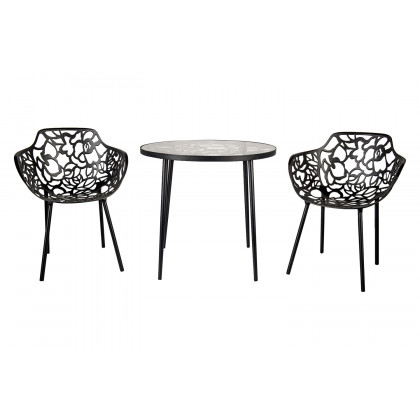 LeisureMod Devon Tree Design Glass Top Aluminum Base Indoor Outdoor Bistro Dining Table - Black