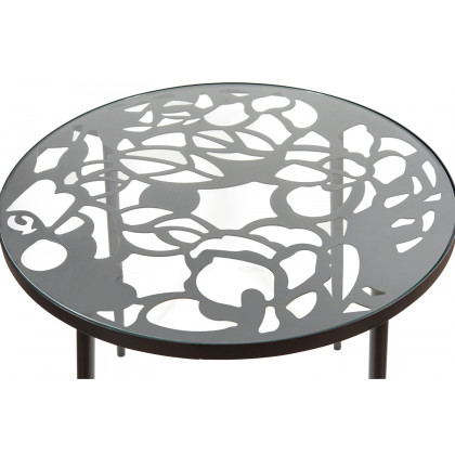 LeisureMod Devon Tree Design Glass Top Aluminum Base Indoor Outdoor Bistro Dining Table - Black