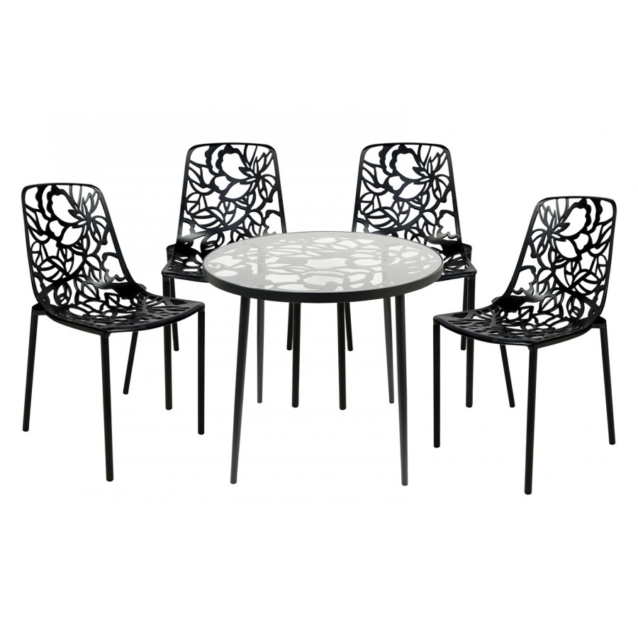 LeisureMod Devon Modern 5-Piece Aluminum Patio Dining Set with Dining Table and 4 Stackable Flower Design Chairs - Black