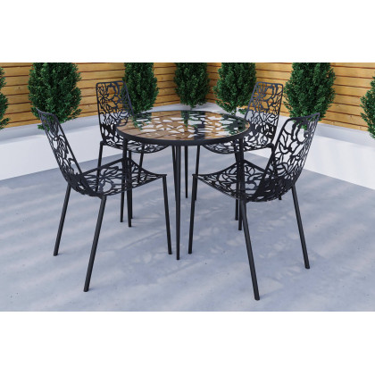 LeisureMod Devon Modern 5-Piece Aluminum Patio Dining Set with Dining Table and 4 Stackable Flower Design Chairs - Black