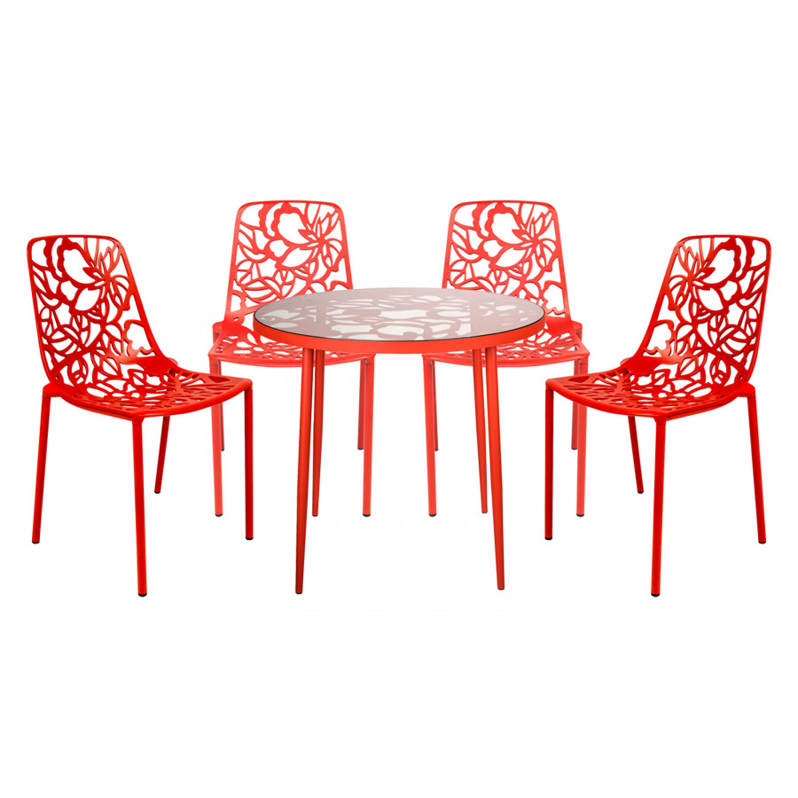 LeisureMod Devon Modern 5-Piece Aluminum Patio Dining Set with Dining Table and 4 Stackable Flower Design Chairs - Red